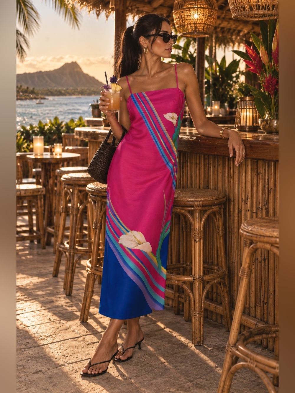 Vintage 70s Malama Sophisticates Hawaii Tropical Pink Slip Dress Size Small